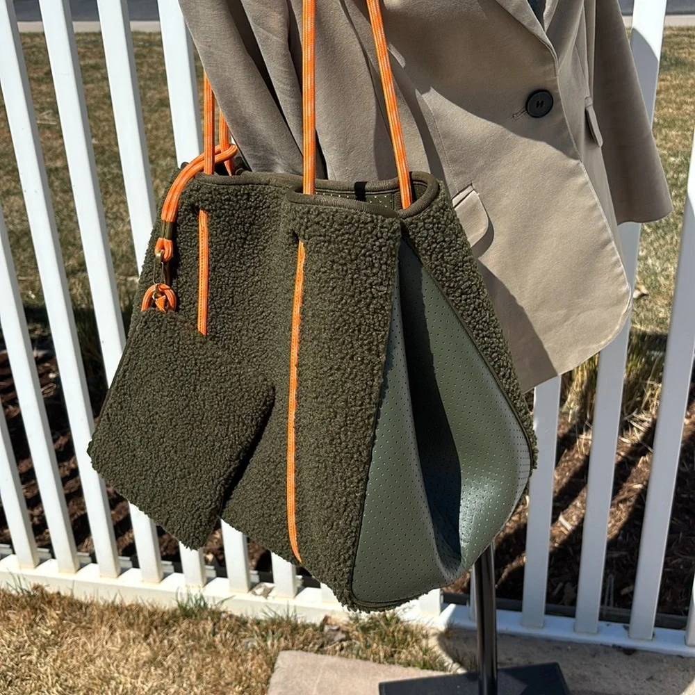 Anthropologie Green Faux Sheepskin Large Tote, with Pouch - Picture 3 of 9